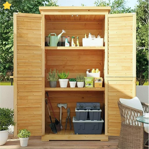 63.2" Outdoor Storage Cabinet with Lockable Double Doors, Waterproof Fir Wood, Natural