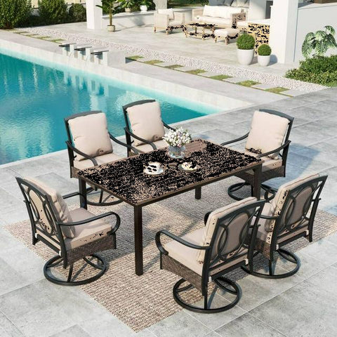 7-Piece Outdoor Dining Set with Swivel Wicker Cushioned Chairs & Wood Grain Table, 1.9" Umbrella Hole