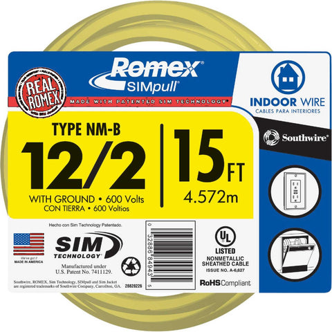 Romex 15 Ft. 12/2 Solid Yellow NMW/G Electrical Wire