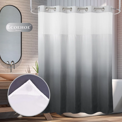 L Hook Free Fabric Shower Curtain with Polyester Snap-in Liner with Magnets Grey