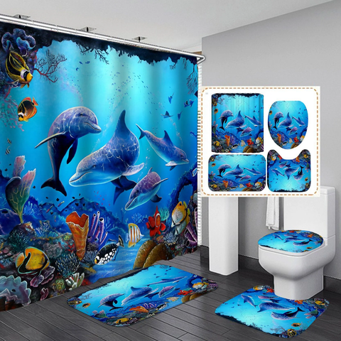 4 Pcs Shower Curtain Set Dolphin Undersea World Bathroom Set