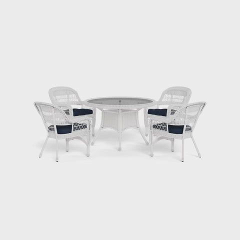 Tortuga Outdoor Portside 5 Piece Wicker Dining Set&nbsp; (4 chairs, 48" dining table), White Wicker, Navy Cushion