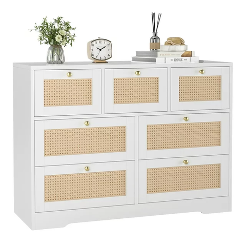 Rattan Dresser, White 7 Drawer Double Dresser