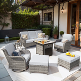 7 Pieces Outdoor Patio Furniture Set with Gas Fire Pit Table All Weather Wicker Conversation Set