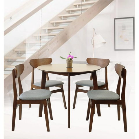 SK New Interiors Dining Round Table and 4 Yumiko Side Chairs (Set of 5) Solid Wood Medium Brown Finish