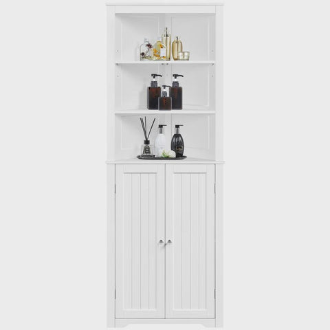 Topeakmart 64.5″ H Wooden Corner Cabinet with Open Shelf for Bathroom, White