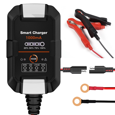 Battery Charger - 6V/12V 1A Trickle Charger, Battery Maintainer for Car Motorcycle