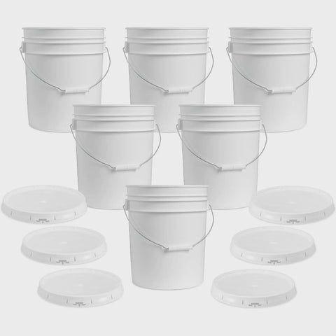 5 Gallon White Bucket & Lid - Set of 6 - Durable 90 Mil All Purpose Pail - Food Grade - Contains No BPA Plastic (5 Gal. w/Lids - 6pk