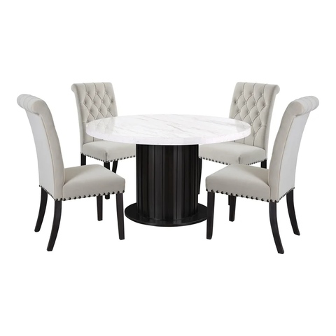 Coaster Sherry 5-piece Marble Top Dining Set with Sand Velvet Chairs in White