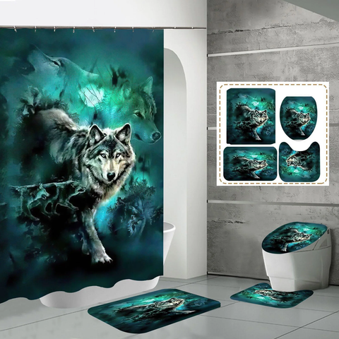 4Pcs Wolf Shower Curtain Set, Waterproof Fabric Shower Curtain