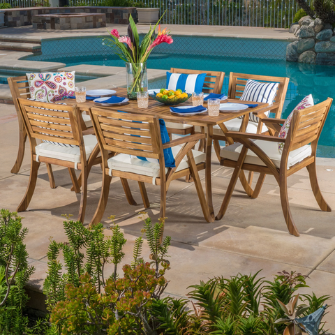 7 Piece Outdoor Acacia Dining Set with Cushions