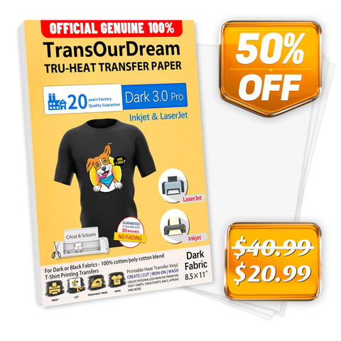 Heat Transfer Paper for Dark Fabrics, Laser & Inkjet Printable, 8.5x11", 20 Heat Transfers