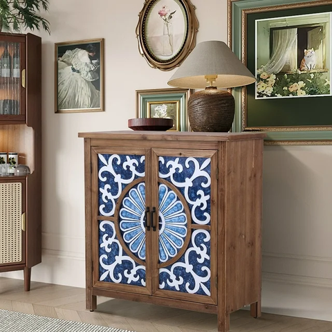 2-Door Rustic Accent Cabinet with Blue and White Porcelain Pattern