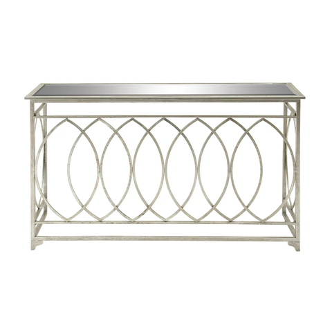 DecMode 54" x 32" Silver Metal Geometric Console Table with Mirrored Glass Top, 1-Piece