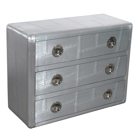 Pilot 3-Drawer Chest with Silver Aluminum Cladding and Exposed Steel Screws