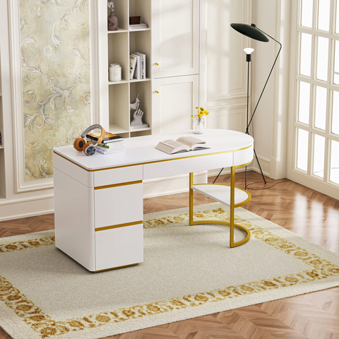 60''Modern Executive Desk, Curved Computer Desk With Gold Metal Legs, 3-Drawers Writing Desk