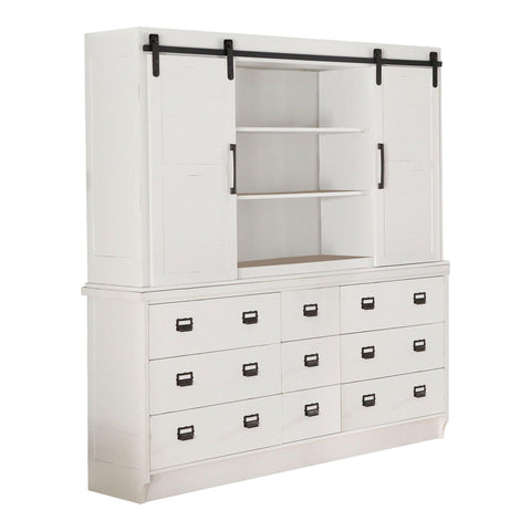 Nine Drawer Wooden Hutch and Buffet with Cup Metal Hardware, White