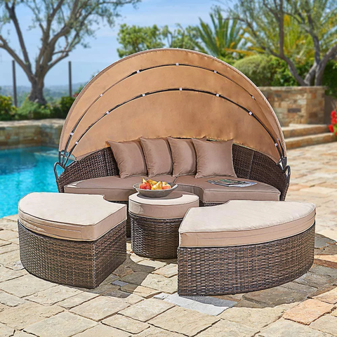 5-Piece Outdoor Round Canopy Daybed Patio Brown Wicker Furniture Set