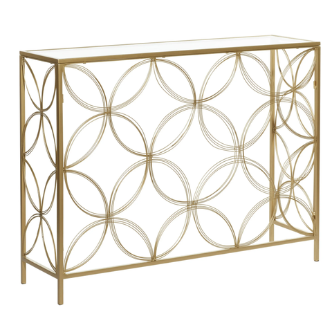 DecMode 42" x 32" Gold Metal Open Style Quatrefoil Frame Geometric Console Table with Mirrored Top, 1-Piece