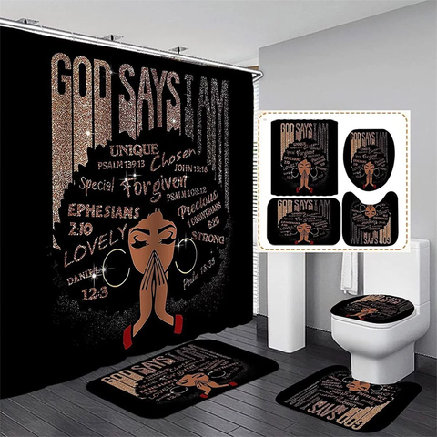 FRAMICS Black Girl with Glitter Quotes Pattern Polyester Shower Curtain and Rug Sets