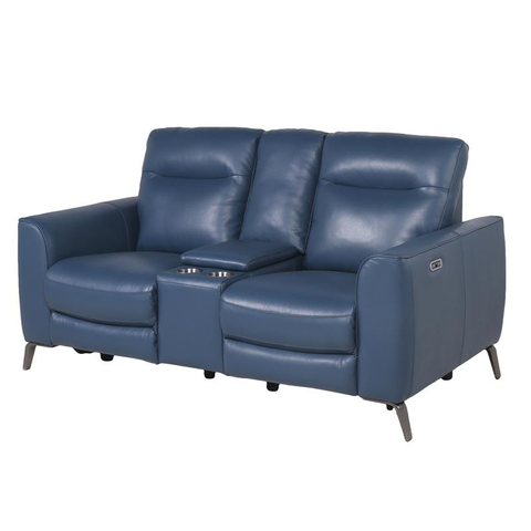 Sansa Ocean Blue Top Grain Leather Power Reclining Console Loveseat