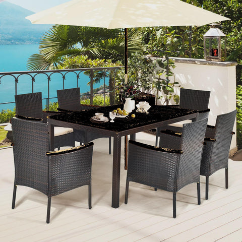 Patiojoy 7-Piece Outdoor Dining Set Patio Rattan Table and Chairs Set with Umbrella Hole