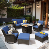 7 Pieces Outdoor Patio Furniture Set with Gas Fire Pit Table All Weather Wicker Conversation Set