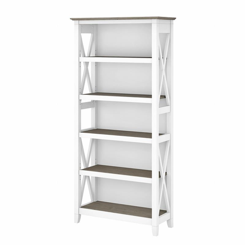 Coastal Tall 5 Shelf Bookcase in Pure White and Shiplap Gray