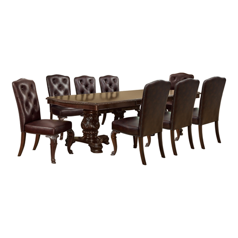 Wood 9pc Extendable Pedestal Dining Set in Brown