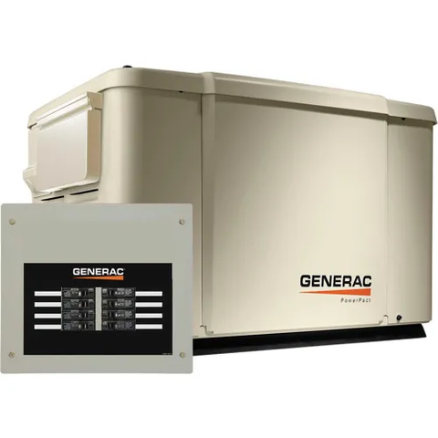 Generac 6998,6/7.5kW,120/240 1-Phase,Air Cooled Powerpact Generator,NG/LP,Steel Encl.,8-Cir. Switch