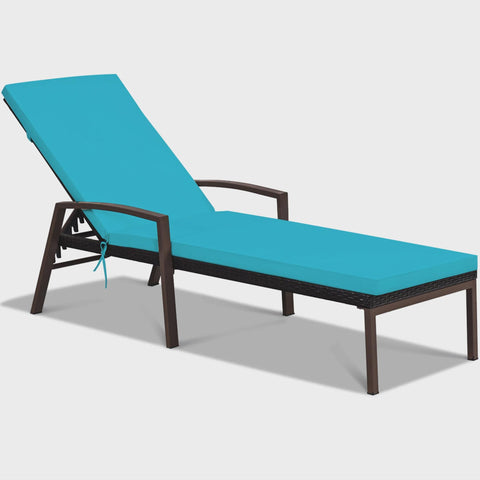 Adjustable Rattan Chaise Recliner Lounge Chair Patio Outdoor w/ Turquoise Cushion