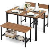 4 pcs Dining Table Set Rustic Desk 2 Chairs & Bench w/ Storage Rack