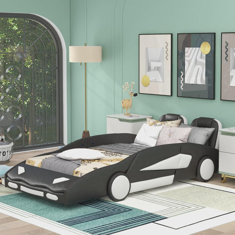 Euroco Modern Wood Race Car-Shaped Twin Platform Bed for Kids’ Bedroom, Upholstery Car Bed for Kids Gift