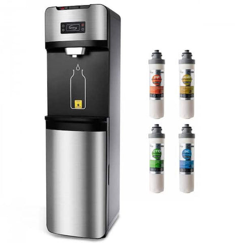 Bottleless Water Cooler Dispenser, Stainless Steel, Free-Standing, Hot/Cold/Room Temp Filtered Water