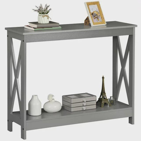 ZENY 2-Tier Home Wood Entryway Console Sofa Side Table x-Shaped, Gray