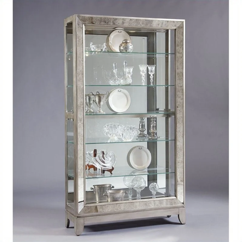 Hardwood Antique Style 5 Shelf Mirrored Curio Cabinet in Aged Silver Finish