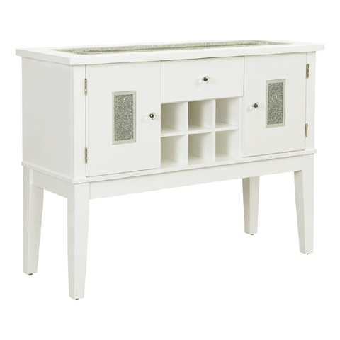 48 " Console Sideboard Buffet Bar Wine Cubbies Faux Diamond Top White