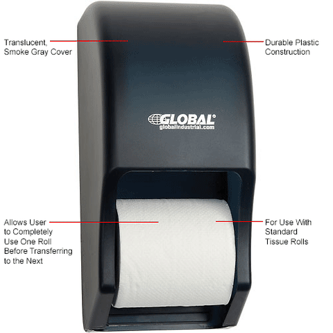 Global™ Plastic Standard Double Toilet Tissue Dispenser - Two 5-1/4" Rolls, Smoke Gray/Beige