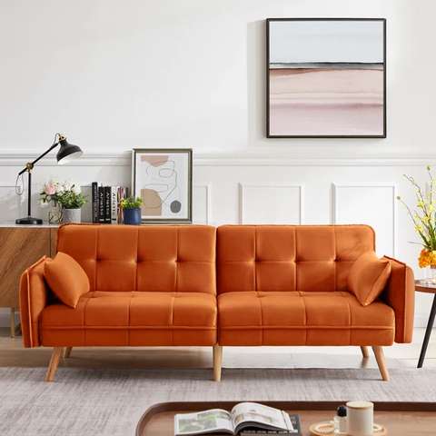 84" Round Arm Velvet Tufted Sleeper Orange Velvet