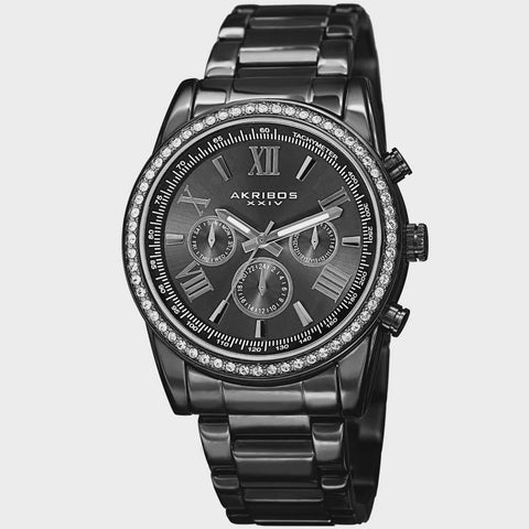 Akribos XXIV Men's Swiss Quartz Swarovski Crystals Dual-Time Stainless Steel Bracelet Watch - black