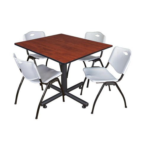 48in. Square Breakroom Table- Cherry & 4 'M' Stack Chairs- Grey