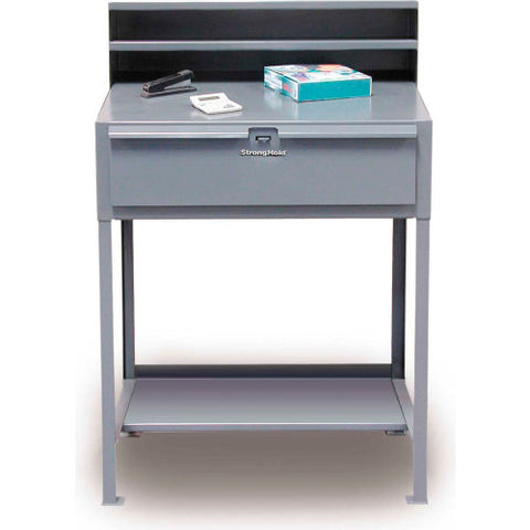 StrongHold Flat Surfaced Shop Desk, Pigeonhole Riser/Drawer, Shelf, 36"W x 28"D, Gray