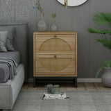 Bedside End Table with 2 Hand Made Rattan Decorated Storage Drawers, Nightstand Side Table for Bedroom and Living Room