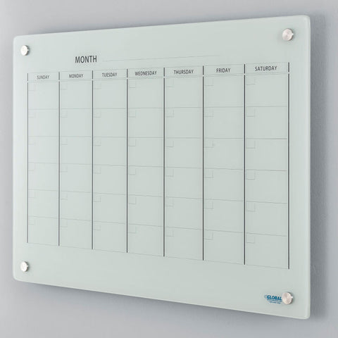 Wall-Mounted Magnetic Glass Calendar Whiteboard, 36"W x 24"H