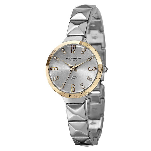Akribos XXIV Women's Swiss Quartz Diamond Markers Silver-Tone Bracelet Watch Gifts for Her