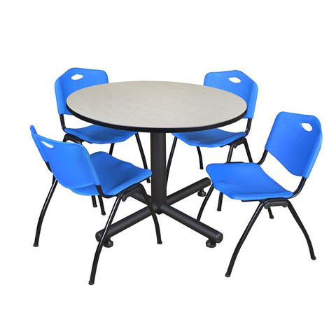 48in. Round Breakroom Table- Maple & 4 'M' Stack Chairs- Blue