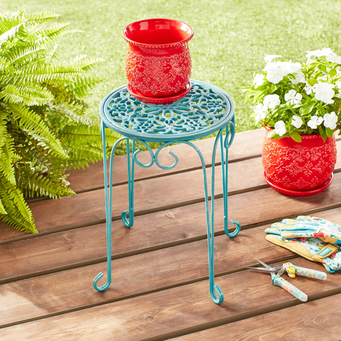 16" Cast Iron Plant Stand Teal Color with Distressed Finish
