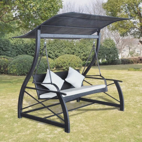 vidaXL Outdoor Swing Bench Poly Rattan Wicker Black Hammock Chair Seat Lounger