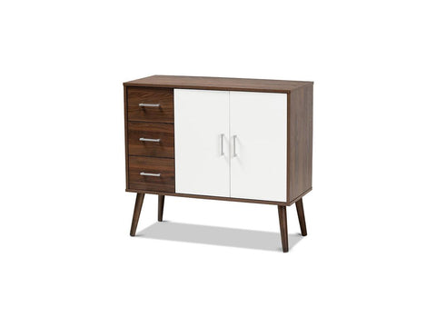 White and Walnut Brown Finished Wood 3-Drawer Sideboard Buffet